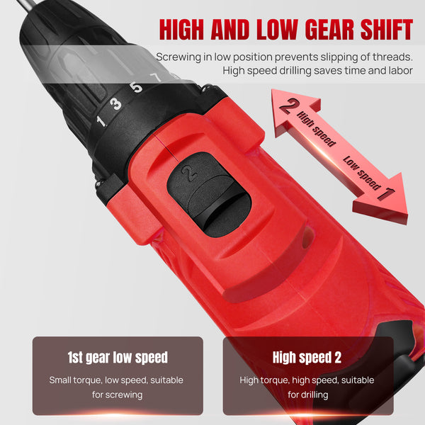 Cordless Drill Driver 21V, Electric Drill Kit with LI-ion Battery, Cordless Combi Screwdriver 25+1 Torque, 45N.m Max, 32pcs Accessory, 2 Variable Speed, LED Light for Home and Garden DIY Project 3/8