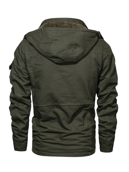 2025 New Winter Casual Multi-Pocket Workwear Hooded Men's Jacket with Lining, Mid-Length with Detachable Hood