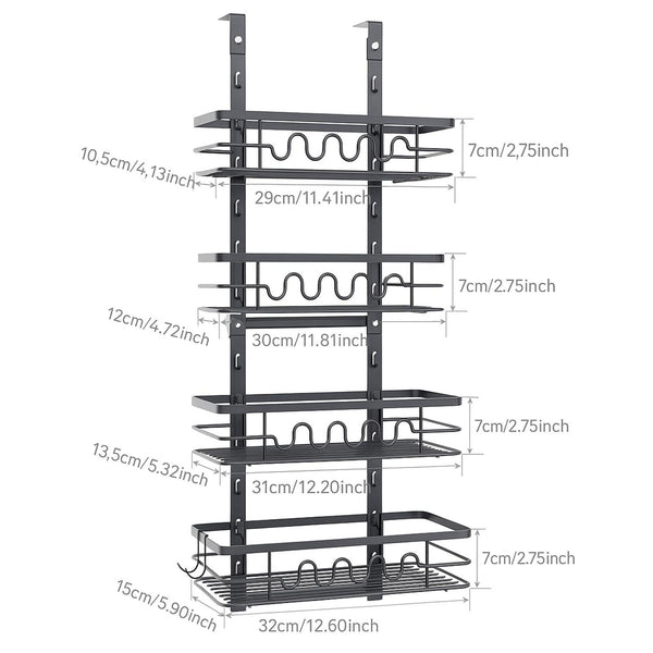 Over Door Pantry Organiser – 4 Tier Adjustable Storage Rack with Removable Baskets – Heavy Duty Metal Hanging Door or Wall Mount Spice Rack for Kitchen, Bathroom & Utility Room – Space Saving