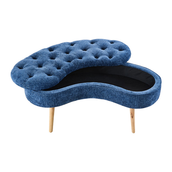 Nordic Modern Arc-shaped Design Quilted Button Fabric Upholstered Storage Stool Shoe Changing Stool with Wooden Legs, Large Capacity Shoe Changing Stool At The Entrance of The Living Room, Storage Bench At The Bed End, Blue, 103*50*46cm