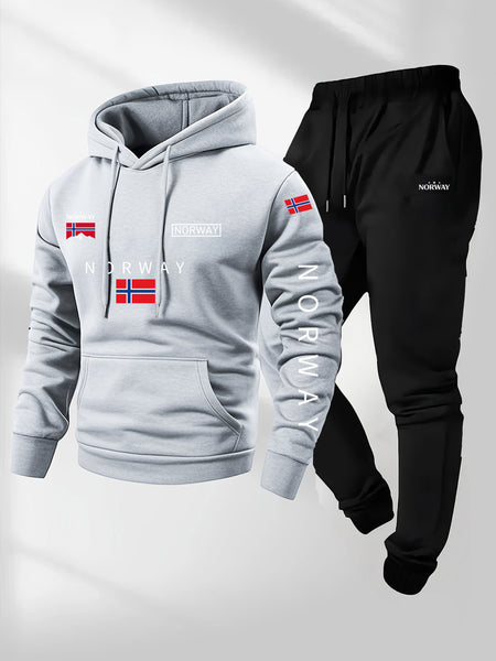 2pcs Cartoon NORWAY Letter Drawstring Hoodie and Sports Trousers Set | Casual Hooded, Slight Stretch Fabric, Patterned, Loose Fit for Men, Ideal for Fall/Winter