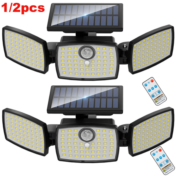 1/ 2pcs Solar Outdoor Lights, 358LED Security Lights with Remote Control, 3 Heads Motion Sensor Lights, IP65 Waterproof, 270° Wide Angle Flood Wall Lights with 3 Modes