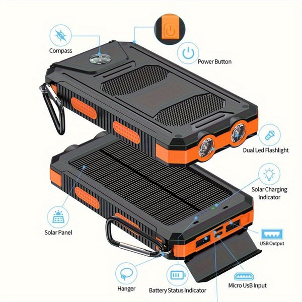 20000mAh Portable Solar Power Bank, Portable Solar Mobile Phone Charger, Camping External Battery Charger for Mobile Phones, 2 USB/ LED Flashlights with Compass for Outdoor Activities