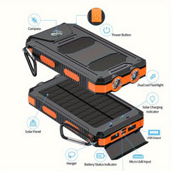 20000mAh Portable Solar Power Bank, Portable Solar Mobile Phone Charger, Camping External Battery Charger for Mobile Phones, 2 USB/ LED Flashlights with Compass for Outdoor Activities