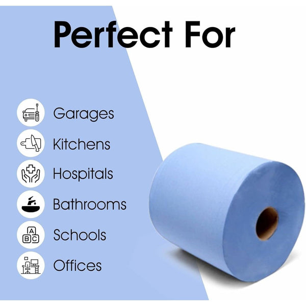 Blue Centrefeed Paper Tissue Rolls 100m - Embossed Pattern Hand Towel - for Home Office Warehouse Bathroom Garage Kitchen, Wipe Away - Wall Mounted Lockable Rolls