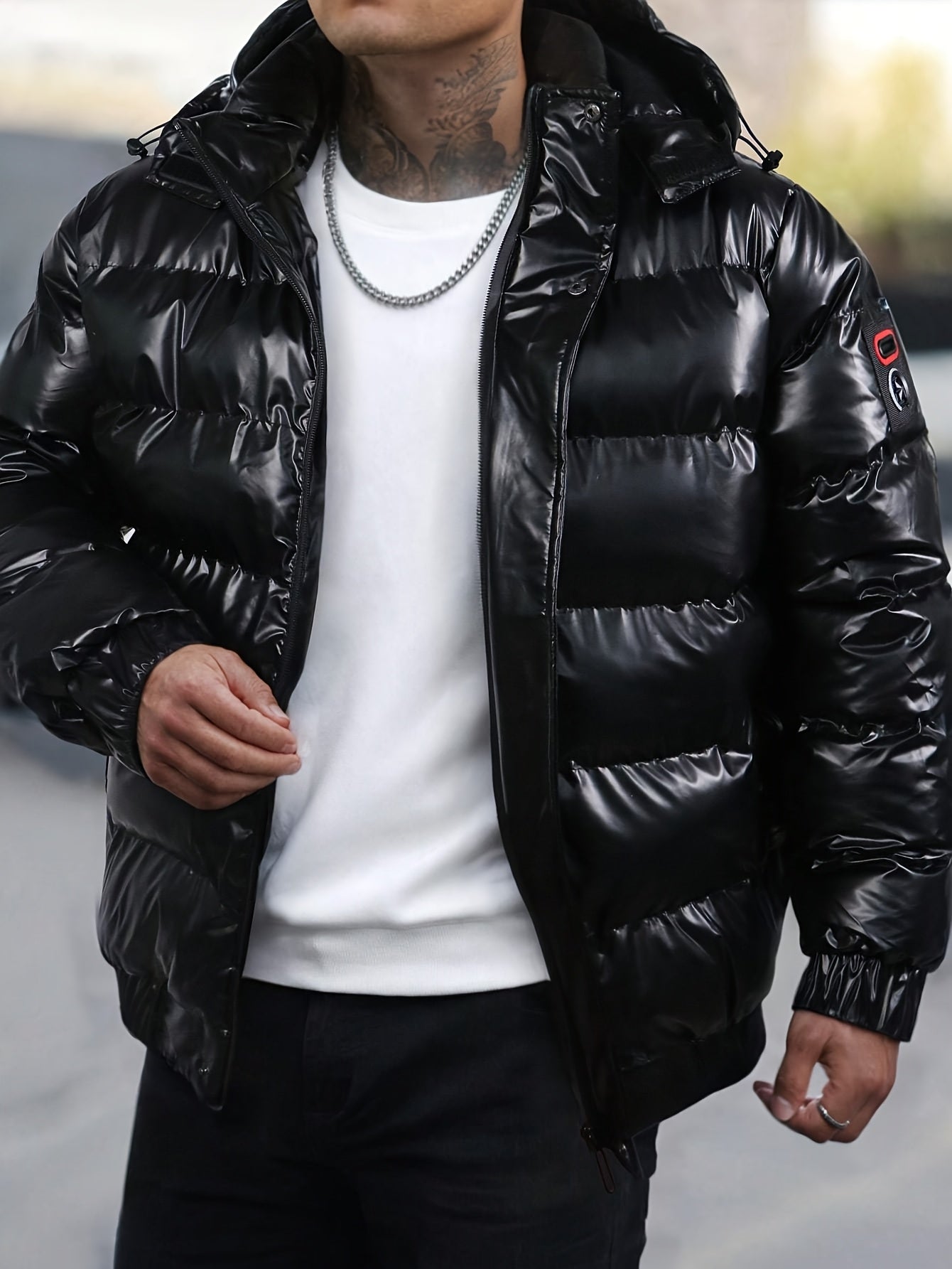 [Pearson OBM] Men'S Shiny Stamp Detachable Hood Long Sleeve Warm Coat Jacket