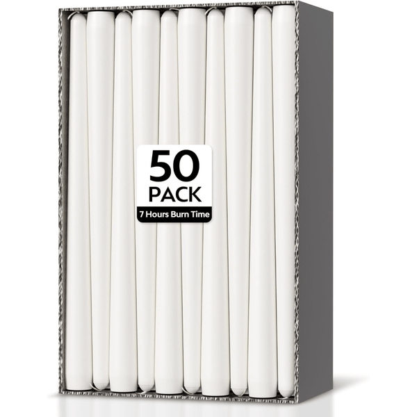 50-Pack Long Taper Candles - Unscented Ivory Tapers for Wedding, Church, Banquet - Real Wax Burning Candles Suitable for Chandeliers, Dinner Candles, Romantic Decor ( Use)