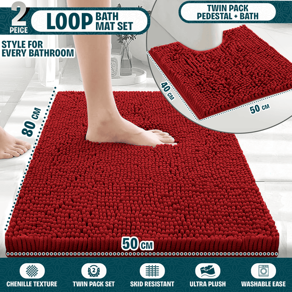 2-Piece Loop Bathroom Mat Set | Soft Chenille Microfiber Rugs with Non-Slip Backing | Machine Washable | Includes 50x80cm Bath Mat & 50x40cm Pedestal Mat | Stylish, Comfy & Durable | UK STOCK | LOCAL WAREHOUSE