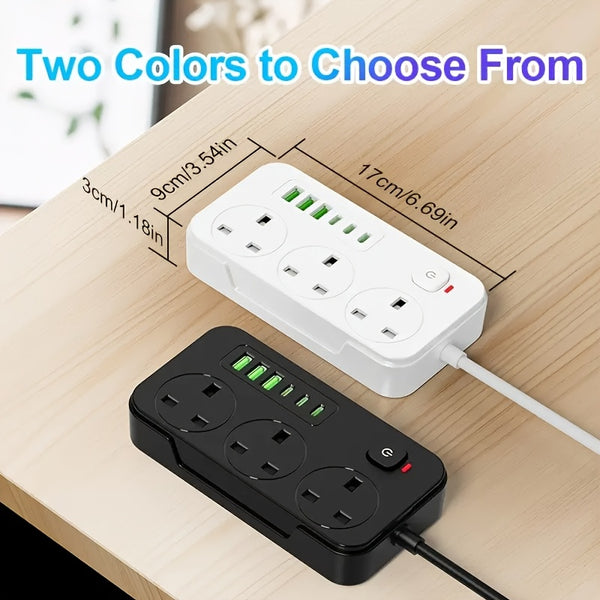 2025 New 9-in-1 Multifunctional Power Strip with Multi-Hole Charger, 1 Power Strip (3AC+3USB-A+3TYPE-C), One Main Switch, Equipped with a 1.9 Meter Long Extension Cord, Designed for Home and Office Use
