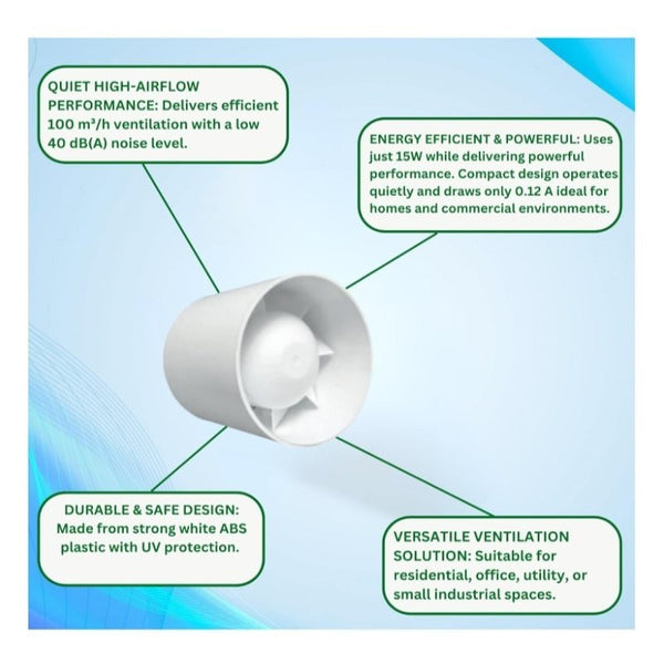 100mm In-Line Extractor Fan – Quiet Bathroom Ventilation Fan for Ducting – High Airflow 100 m³/h – IPX2 Rated ABS Housing – Ideal for Toilet, Kitchen, Home, Office & Commercial Use. Set by MYPURECORE