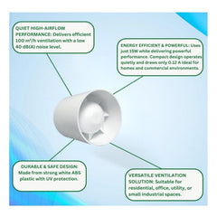 100mm In-Line Extractor Fan – Quiet Bathroom Ventilation Fan for Ducting – High Airflow 100 m³/h – IPX2 Rated ABS Housing – Ideal for Toilet, Kitchen, Home, Office & Commercial Use. Set by MYPURECORE