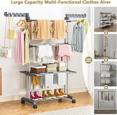 Purkeep Thicken & Durable Clothes Airer, Extra Large 4-Tier Capacity Foldable Clothes Drying Rack with Wheels, Stainless Steel Clothes Horse for Indoor/Outdoor Use in Bedroom, Laundry Room