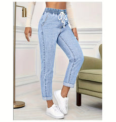 Ladies' 2026 New Stretch Elastic Drawstring Slim Cropped Jeans, Acid Wash Blue Cuff Straight Denim Trousers, Elegant Women's Clothing, Tapered Pantalones for All Seasons, Mom Pants with Pockets, High Waisted Tummy Control Travel Casual Pants