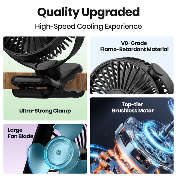 TOPK USB Clip-On Fan, 3-Speed Adjustable Airflow, 720° Flexible Rotation, Low Noise Operation, Portable Clamp Fan for Home, Office, Library, Blue