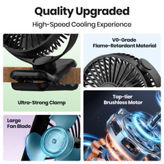 TOPK USB Clip-On Fan, 3-Speed Adjustable Airflow, 720° Flexible Rotation, Low Noise Operation, Portable Clamp Fan for Home, Office, Library, Blue