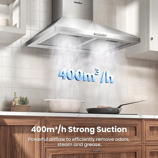 COMFEE' 60 Cm Chimney Cooker Hood Stainless Steel Extractor Hood with LED and Recirculating & Ducting System Wall Mounted Range Hood 600 Mm Extractor Fan - Silver KWH-PYRA17SS-60