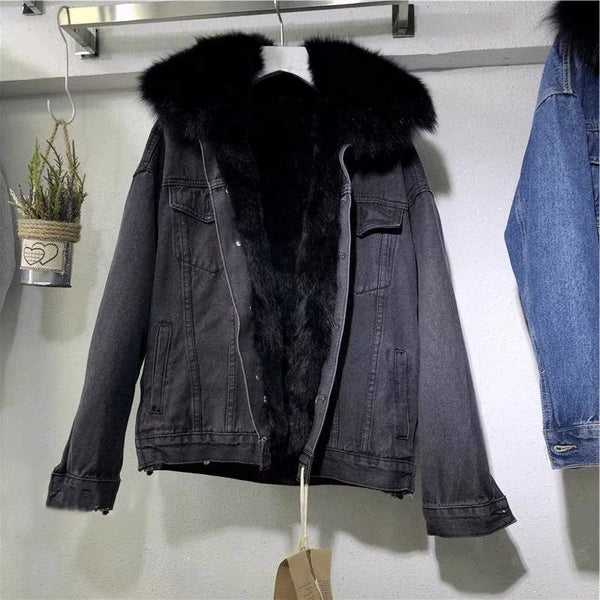 Women's Cozy -Lined Denim Jacket - Casual Long Sleeve Outerwear, Loose Fit, Button-Up Front, Flap Pockets, Solid Color, Perfect for Fall/Winter, Casual Winter Wear | Relaxed Fit Jacket | Lined Jacket