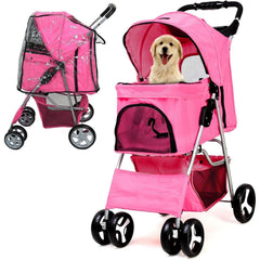 Foldable Pet Stroller With Rain Cover, Portable Foldable Outdoor Walking Cart with Large Space, Hand-Pull Design, Durable Oxford Fabric, Ergonomic Handle & Ventilation Mesh, Lightweight & Sturdy Frame For Small To Medium Dogs - Outdoor Pet Carrier, Modern