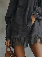 A High-Neck Dress for Women Featuring Fringes, a Loose Fit, Long Sleeves, And Pockets. This Bohemian-Style Skirt Is Perfect for The Relaxed Fashion of Autumn And Winter. It'S Great for Street Style, Holiday Trips