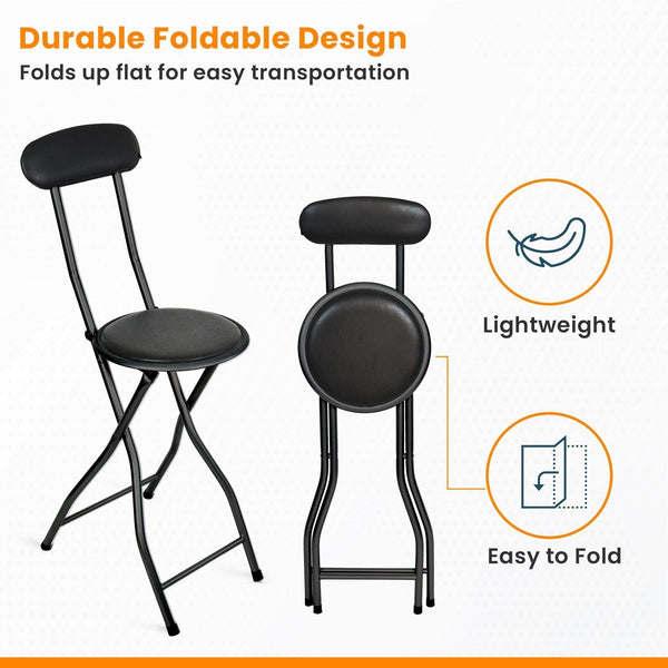 Black Folding Bar Stool Padded High Back Chair Stools For Breakfast Bars Kitchens Foldable Seat Non Slip Feet Durable Frame Lightweight Easy to Fold Ready to Use