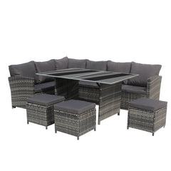 9Seats Garden Furniture Set Rattan Outdoor Corner Sofa Wicker Dining Table Chair for Patios Conservatories Rectangular