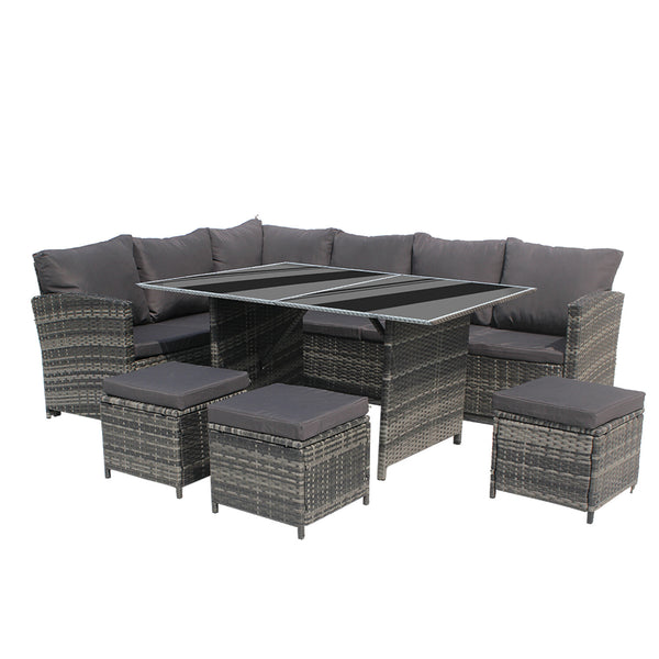 9Seats Garden Furniture Set Rattan Outdoor Corner Sofa Wicker Dining Table Chair for Patios Conservatories Rectangular