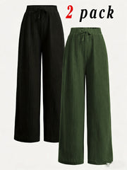 2pcs Women's Wide-Leg Pants with Elastic High Waist Loose Fit Straight Leg + Step