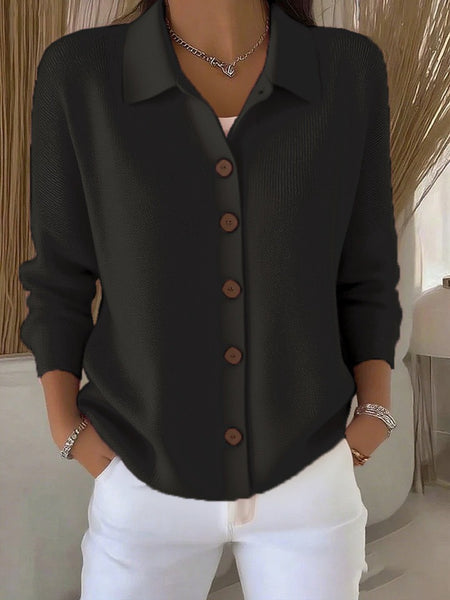 Women Lapel Collar Button Front Solid Long Sleeve Loose Casual Cardigan Top