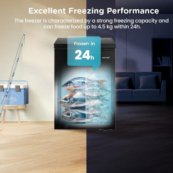 Midea Comfee 99L Multi-Functional Freestanding Chest Freezer: Perfect for Daily Use, with Freezer/Refrigeration Switch, 38dB Quiet Inverter Compressor, 4 Star Freezer Rating, Ideal for Homes & Outbuildings – Black [Energy Class E]