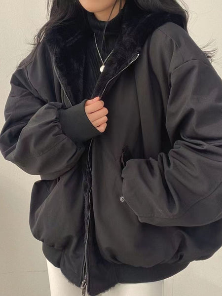 Women's Winter Double-Sided Plush Padded Jacket with Hood & Pockets - Thickened Lamb Outer Coat, Zipper Closure, Solid Color Casual Sweater for Cold Weather (No elastic fabric)