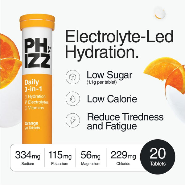 Phizz Electrolytes, Multivitamin & Hydration Tablets - 20 Effervescent Rehydration Electrolyte Tablets - 18 Vitamins & Minerals, Vitamin C, Vegan, Vegetarian & Low Calorie (Orange, 20 Count)