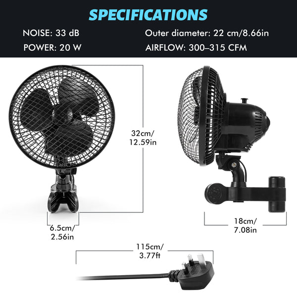 2pcs Plant Tent Clip-On Fan, Featuring a Newly Designed Long-Life EC Motor, Dual-Speed Adjustable Fan, 90° Rotation, 22Cm Diameter, Ideal for Hydroponic Systems And Circulation Cooling in Grow Rooms