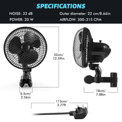 2pcs Plant Tent Clip-On Fan, Featuring a Newly Designed Long-Life EC Motor, Dual-Speed Adjustable Fan, 90° Rotation, 22Cm Diameter, Ideal for Hydroponic Systems And Circulation Cooling in Grow Rooms