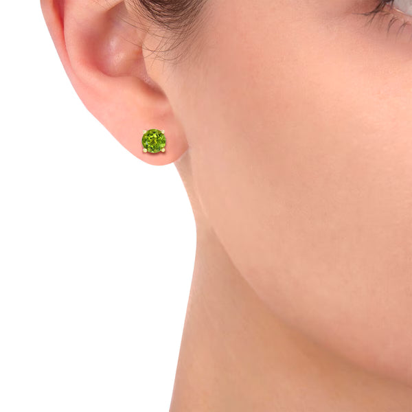 Round Cut Peridot Stud Earrings, 14Ct Yellow Gold
