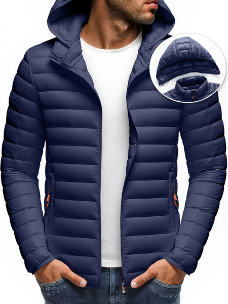 Men's Stand Collar Hooded Jacket - Warm, Windproof Thickened Coat, Detachable Hood, Solid Color Design, Thickened Nylon Fabric for Cold Weather, Casual Style, Zip Closure, Dry Clean Only, Winter Stand Collar Hooded Thickened Coat
