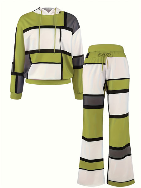 Casual Color Block 2pcs Set, Long Sleeve Hooded Top And Drawstring Pants, Women'S Clothing