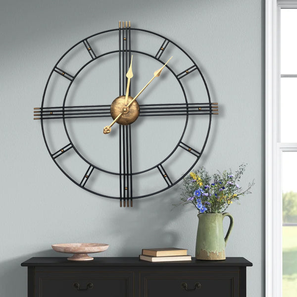 60cm Extra Large Retro Metal Skeleton Wall Clock, Outdoor Garden Clock, European-Style Creative Wrought Iron Round Wall Clock Roman Numerals Silent Non Ticking Unique Unusual Clock, Perfect for Living Room, Bedroom, Kitchen, Garden, Lounge, Hotel, Office