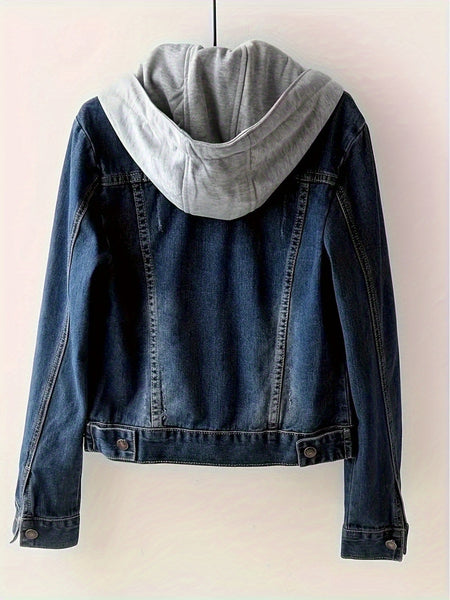 Women'S Detachable Hoodie Denim Jacket Casual Hooded Buttons Long Sleeve Jean Jackets Coat With Pockets, Suitable For Daily Commuting, Dates And Dinners