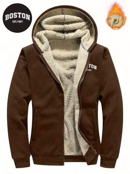 Men's Casual Zip-Up Hooded Jacket with Letter Print, Black & Beige Contrast, Regular Fit, Machine Washable, Front Pockets for Outdoor & Casual Attire
