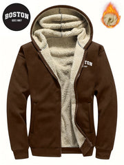 Men's Casual Zip-Up Hooded Jacket with Letter Print, Black & Beige Contrast, Regular Fit, Machine Washable, Front Pockets for Outdoor & Casual Attire