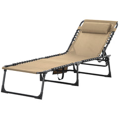 Portable Sun Lounger, Folding Camping Bed with Side Pocket and Pillow for Patio