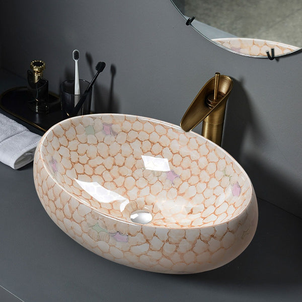 1pc Marble Texture Bathroom Sink, Oval Cloakroom Ceramic Washbasin Countertop Basin Handmade Sink Washing Bowl for Living Room, Bedroom, Laundry, Office, Washroom, Toilet, Vanity Cabinet, Easy To Clean, 48x34x14.5cm