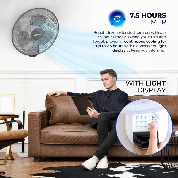 Schallen GREY 16 Inch Wall Mounted Fan with Remote Control, Oscillating Cooling Fan 40cm, 3 Speed Settings, Timer Function, Quiet Wall Fan for Bedroom, Office, Kitchen, Garage, Home Cooling Fan UK, Adjustable Tilt Air Circulator, Energy Efficient Wall Fan