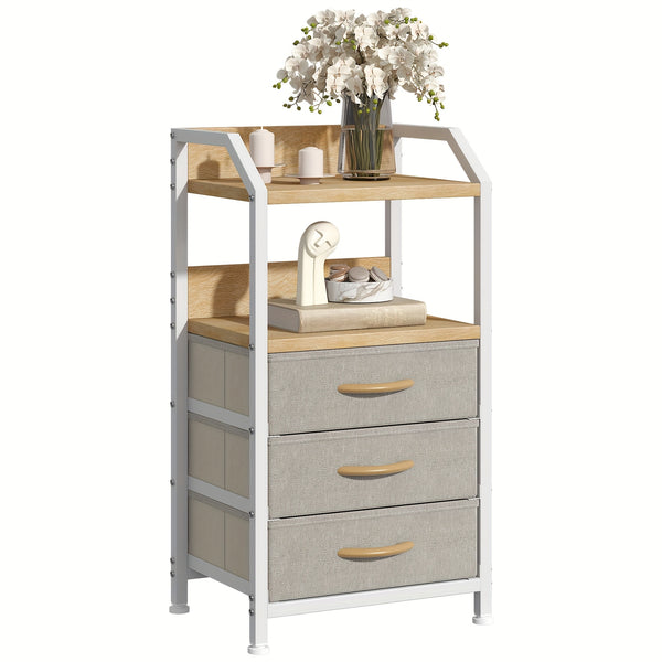 Modern Black Fabric Drawer Nightstand with Open Shelves - Engineered Wood & Metal Frame, 3 Drawers & Open Shelf, Compact 68.58cm Height, 3, 2 Cu Ft Storage, Easy Assembly for Bedroom, Living Room, Dorm, Office, Bedroom Storage, Contemporary Design, Sturdy