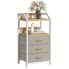 Modern Black Fabric Drawer Nightstand with Open Shelves - Engineered Wood & Metal Frame, 3 Drawers & Open Shelf, Compact 68.58cm Height, 3, 2 Cu Ft Storage, Easy Assembly for Bedroom, Living Room, Dorm, Office, Bedroom Storage, Contemporary Design, Sturdy