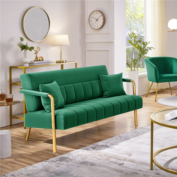Costoffs Sofa Couch Modern Velvet Sofa Couch, 143cm Small Loveseat with Gold-tone Metal Arms & Legs, Upholstered Design, Includes 2 Pillows, Ideal for Bedroom, Home Office, Studio, Small Spaces, Light Grey/Green/Beige/Black/Pink