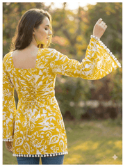 Estationeryhouse Cotton Printed Kurta Top, Long Sleeves, with White Tassels and Drawstring for Adjusting at Back
