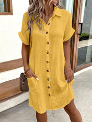Women's Summer Lapel Collar Button- Shirt Dress - Short Sleeve Pocket Mini Dress with Pocket, Solid Color Pencil Suit Dress for Office, Semi-Formal Wear, Machine Washable Blouse Style Dress