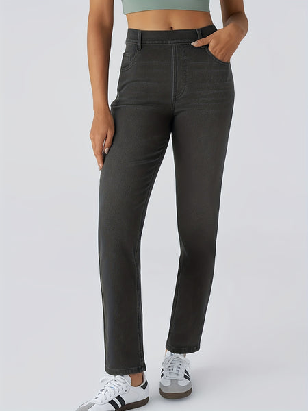 [Stretch High Waist Jeans] Stretch High Waist Multi-Pocket Straight Leg Jeans | Water-Washed Casual Pants, Machine Washable Solid Color Elegant Comfort for Spring/Summer