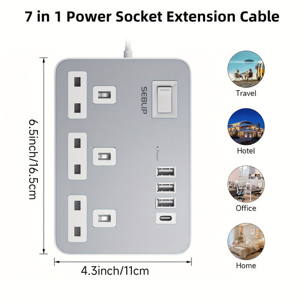 Power Supply 7in 1 Flat Plug Power Socket Outlet Extension Lead, 4 USB Slots Charging Ports Extension Socket, Multi Socket Power Board